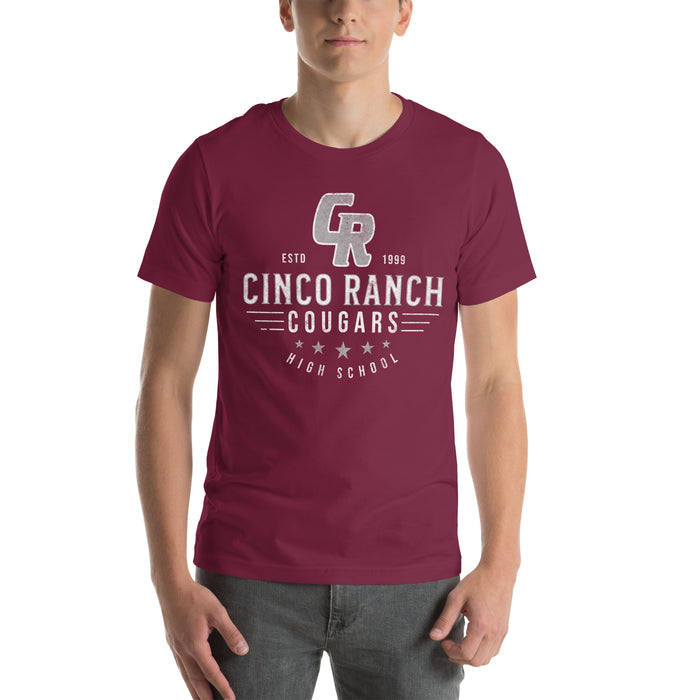 Man wearing a Cinco Ranch High School Cougars Premium Maroon Unisex T-shirt 219