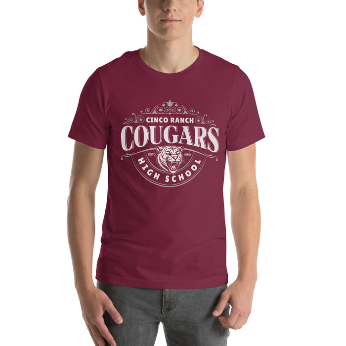 Man wearing a Cinco Ranch High School Cougars Premium Maroon Unisex T-shirt 213