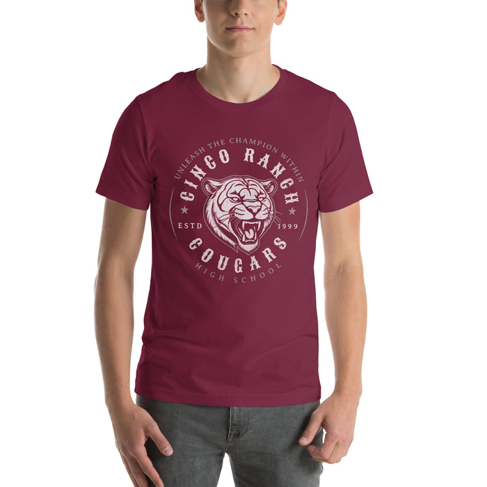 Man wearing a Cinco Ranch High School Cougars Premium Maroon Unisex T-shirt 217