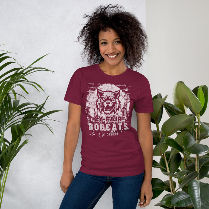 Woman wearing Cy-Fair High School Bobcats Maroon Premium T-shirt 202