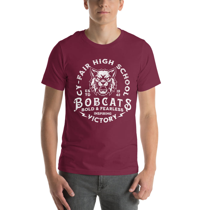 Man wearing Cy-Fair High School Bobcats Maroon Premium T-shirt 206