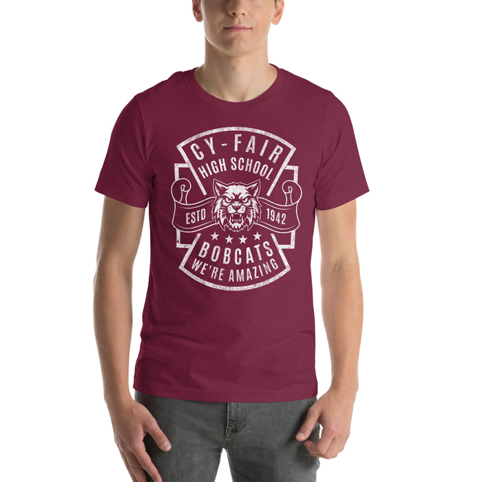 Man wearing Cy-Fair High School Bobcats Maroon Premium T-shirt 207