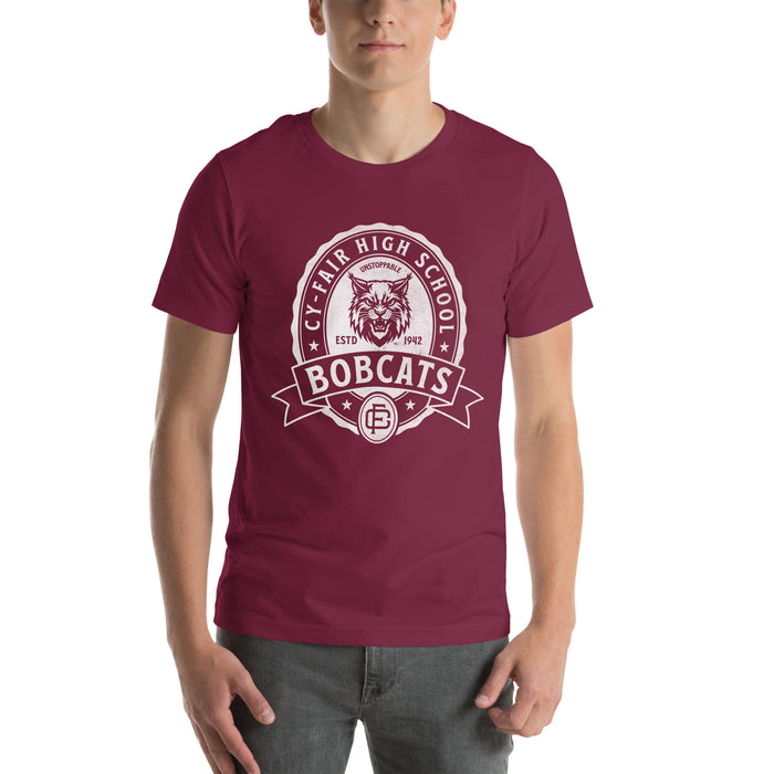 Man wearing Cy-Fair High School Bobcats Maroon Premium T-shirt 212