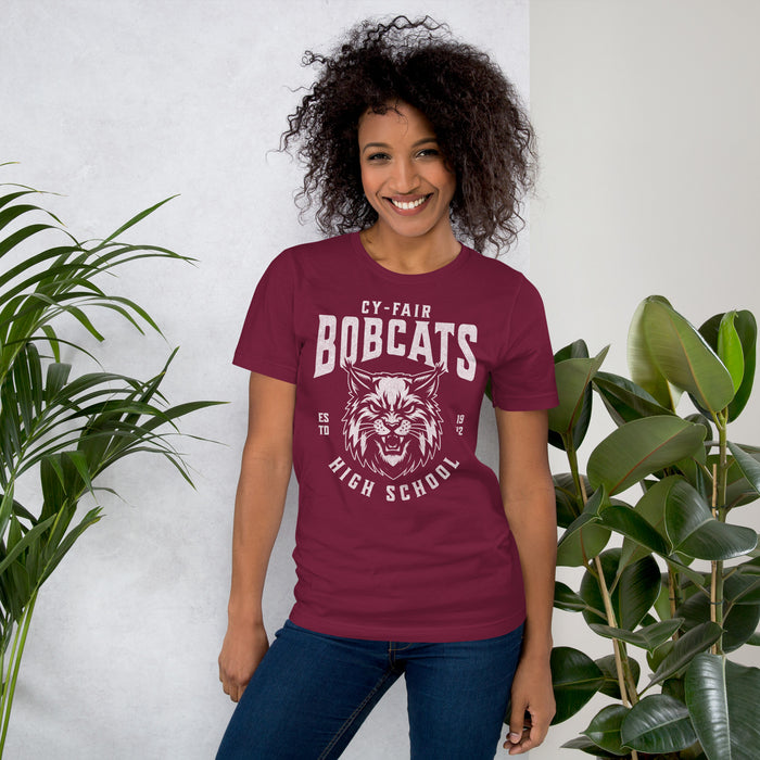 Woman wearing Cy-Fair High School Bobcats Maroon Premium T-shirt 213