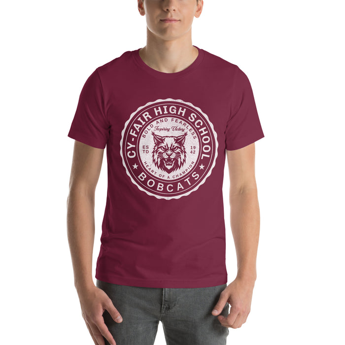 Man wearing Cy-Fair High School Bobcats Maroon Premium T-shirt 216