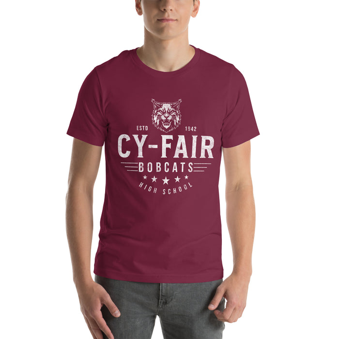 Man wearing Cy-Fair High School Bobcats Maroon Premium T-shirt 217