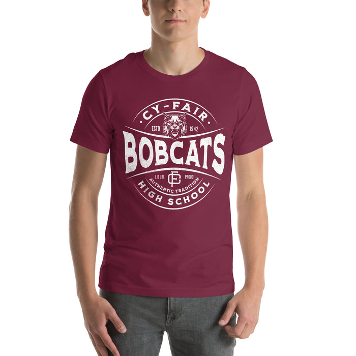 Man wearing Cy-Fair High School Bobcats Maroon Premium T-shirt 218