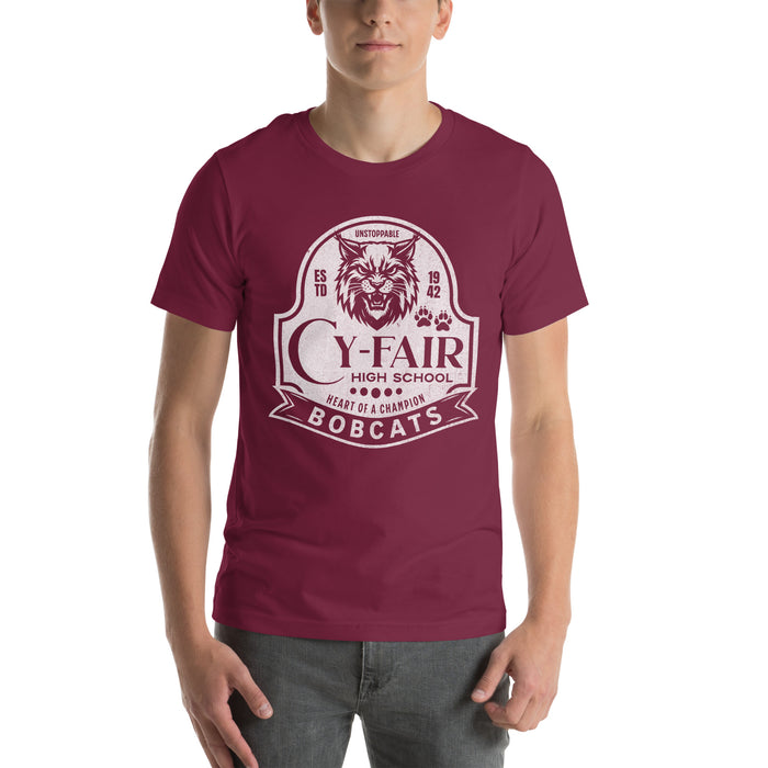 Man wearing Cy-Fair High School Bobcats Maroon Premium T-shirt 219