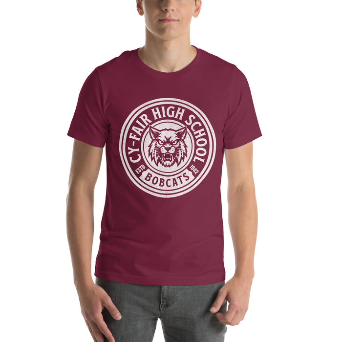 Man wearing Cy-Fair High School Bobcats Maroon Premium T-shirt 220