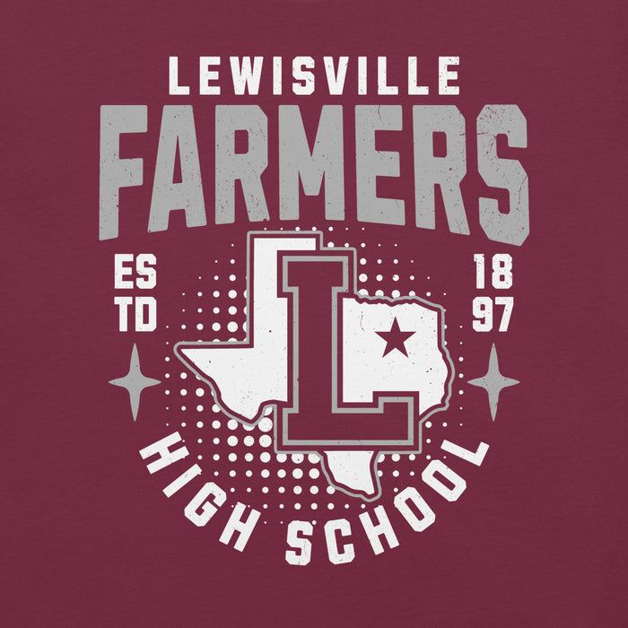 Close-up view of Lewisville High School Farmers Maroon Premium Unisex T-shirt 204