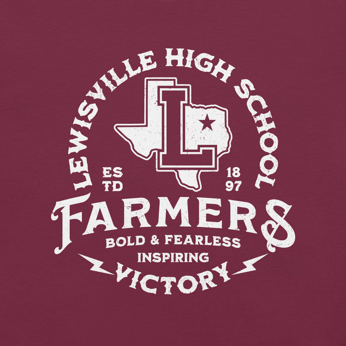 Close-up view of Lewisville High School Farmers Maroon Premium Unisex T-shirt 206