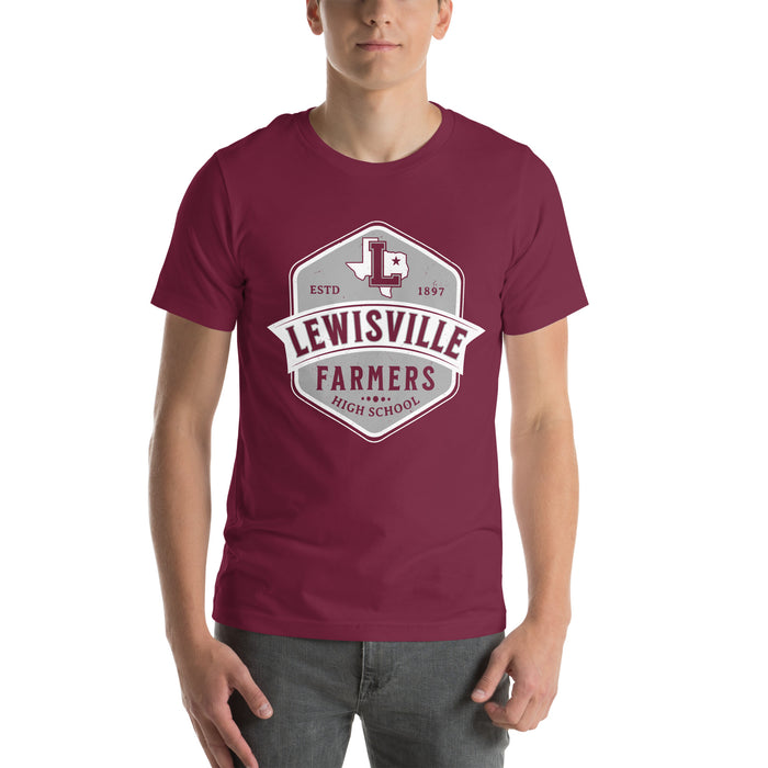 Student wearing Lewisville High School Farmers Maroon Premium Unisex T-shirt 209