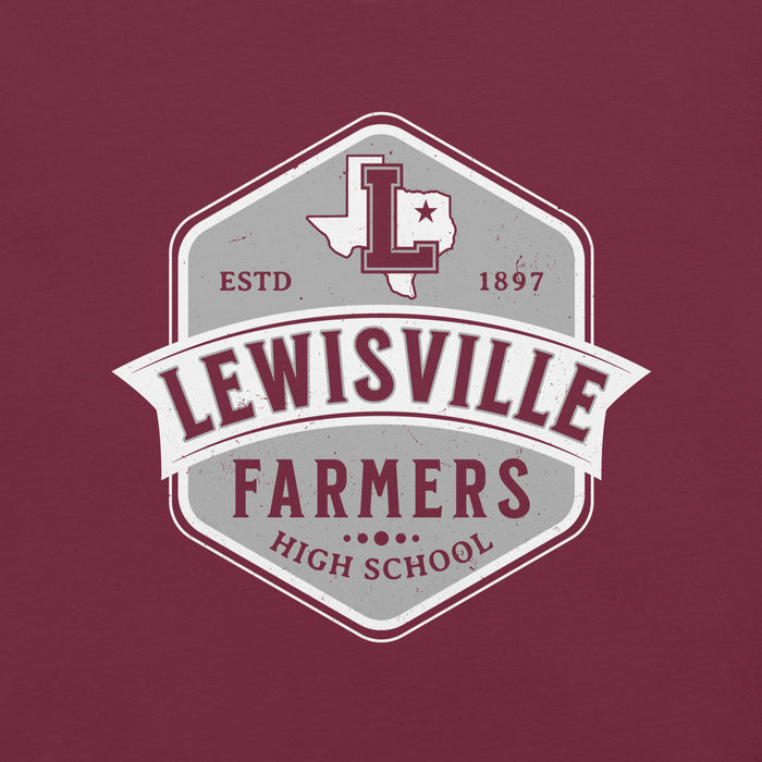 Close-up view of Lewisville High School Farmers Maroon Premium Unisex T-shirt 209