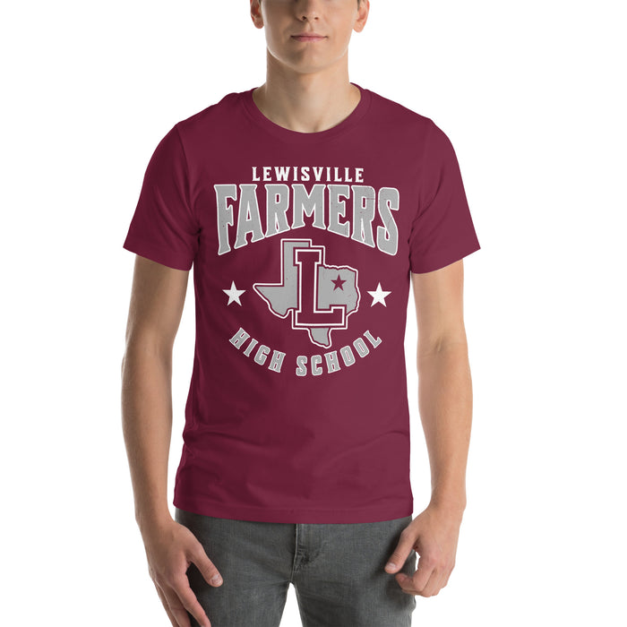 Man wearing Lewisville High School Farmers Maroon Premium Unisex T-shirt 213