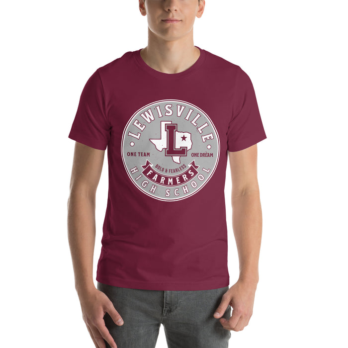 Man wearing Lewisville High School Farmers Maroon Premium Unisex T-shirt 215