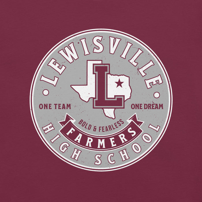 Close-up view of Lewisville High School Farmers Maroon Premium Unisex T-shirt 215