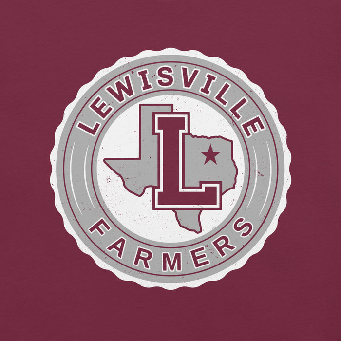 Close-up view of Lewisville High School Farmers Maroon Premium Unisex T-shirt 216