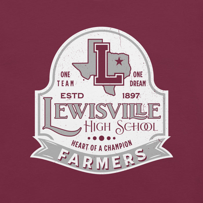 Close-up view of Lewisville High School Farmers Maroon Premium Unisex T-shirt 219