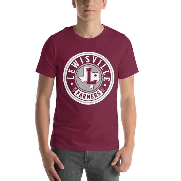 Man wearing Lewisville High School Farmers Maroon Premium Unisex T-shirt 220