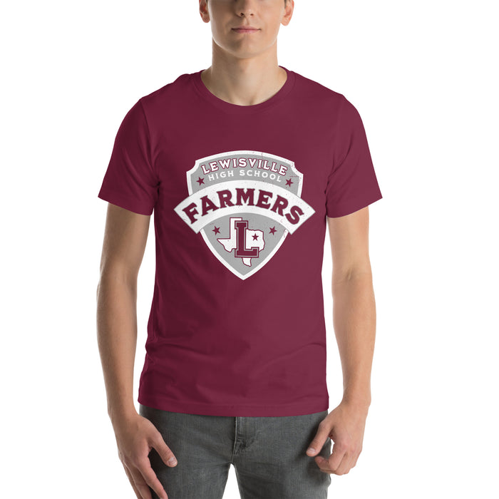 Student wearing Lewisville High School Farmers Maroon Premium Unisex T-shirt 221