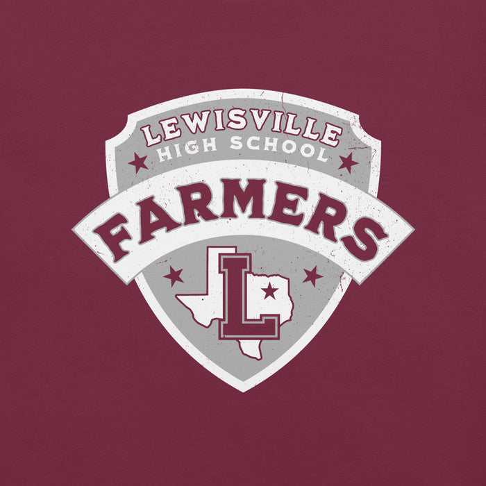 Close-up view of Lewisville High School Farmers Maroon Premium Unisex T-shirt 221