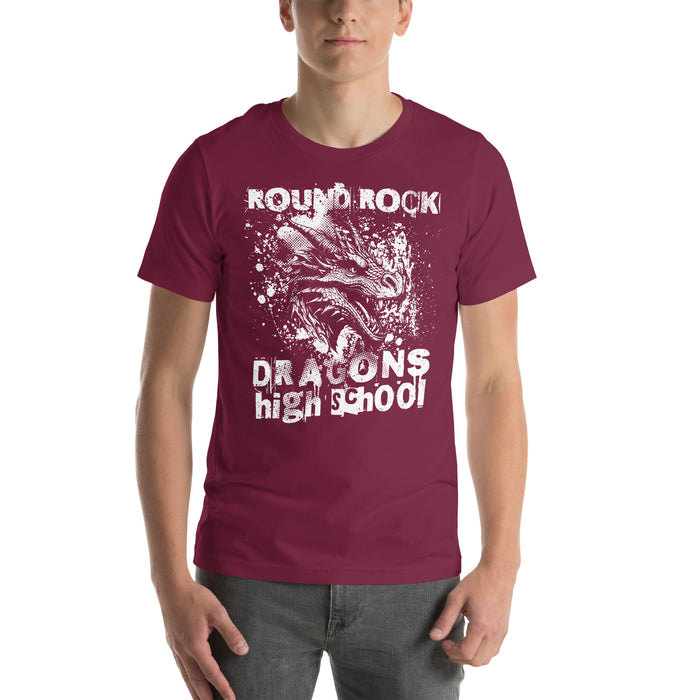 Man wearing Round Rock High School Dragons Maroon Premium Unisex T-shirt 205