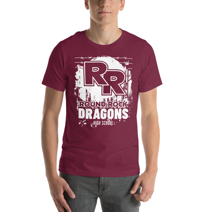 Man wearing Round Rock High School Dragons Maroon Premium Unisex T-shirt 202