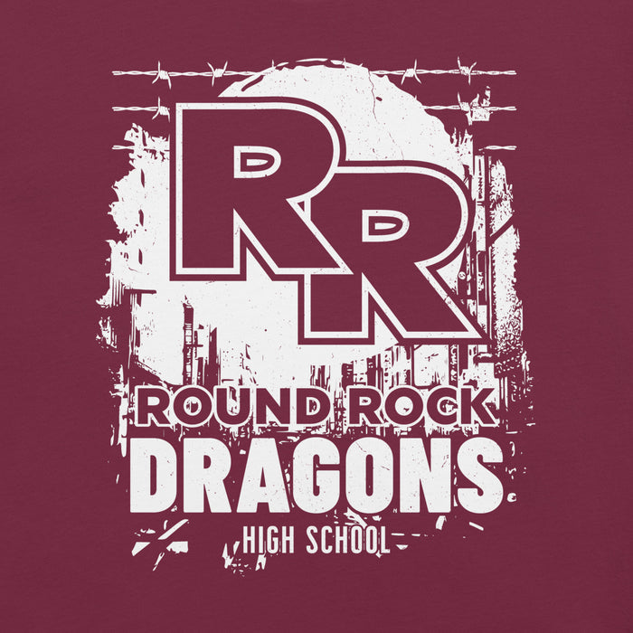 Close-up view of Round Rock High School Dragons Maroon Premium Unisex T-shirt 202