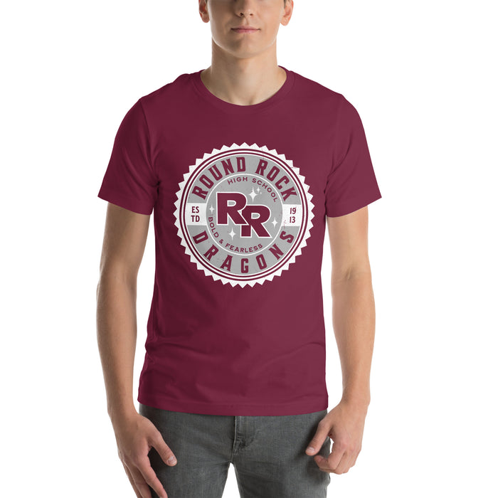 Man wearing Round Rock High School Dragons Maroon Premium Unisex T-shirt 203