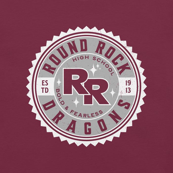 Close-up view of Round Rock High School Dragons Maroon Premium Unisex T-shirt 203