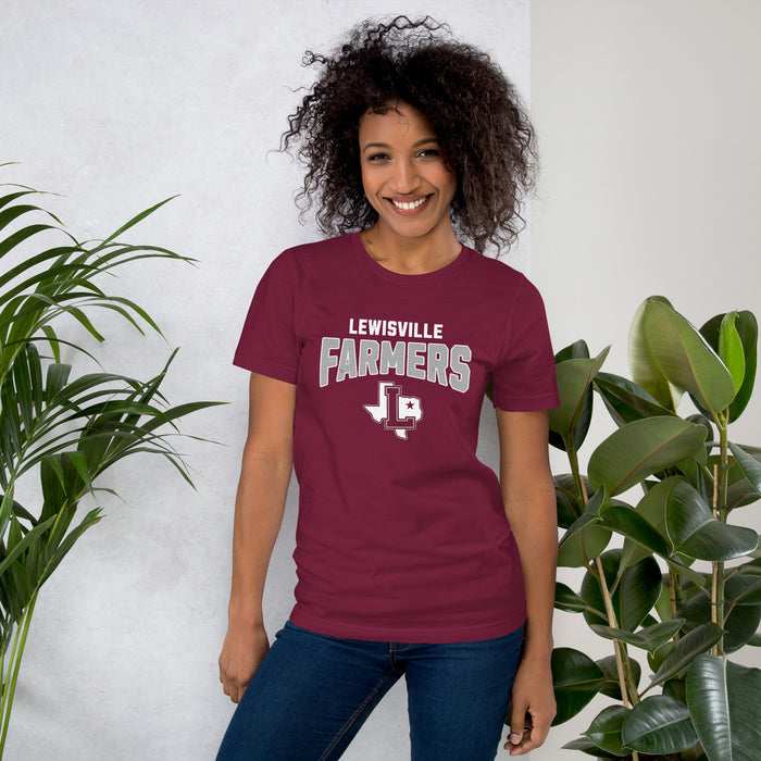 Woman wearing Lewisville High School Farmers Maroon Premium Unisex T-shirt 234