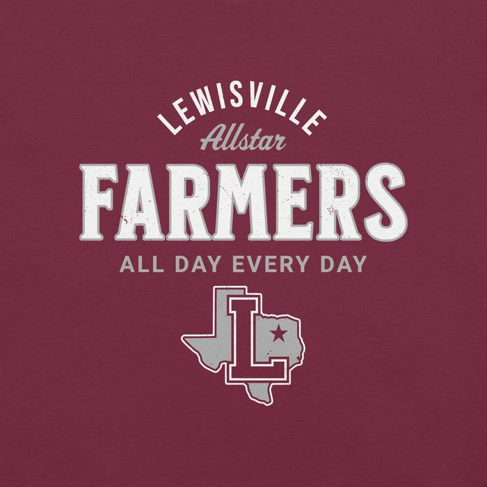 Close-up view of Lewisville High School Farmers Maroon Premium Unisex T-shirt 040
