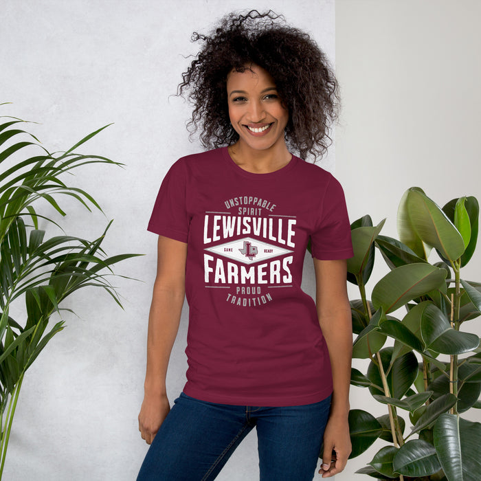Woman wearing Lewisville High School Farmers Maroon Premium Unisex T-shirt 210