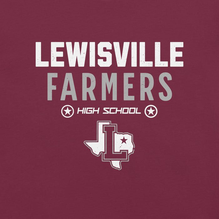 Close-up view of Lewisville High School Farmers Maroon Premium Unisex T-shirt 003