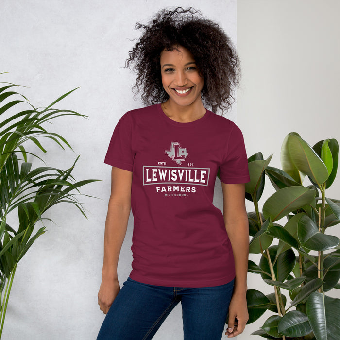Woman wearing Lewisville High School Farmers Maroon Premium Unisex T-shirt 202