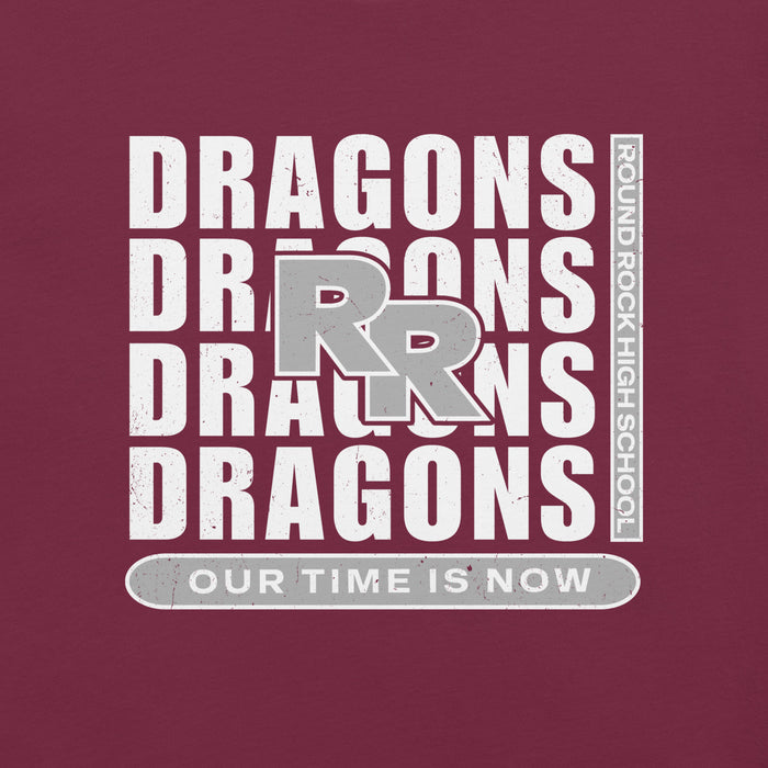 Close-up view of Round Rock High School Dragons Maroon Premium Unisex T-shirt 235