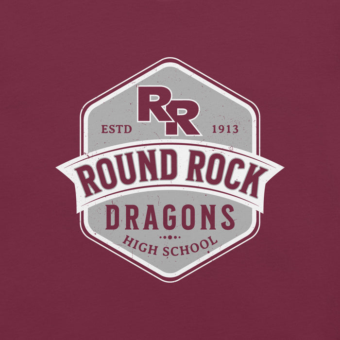 Close-up view of Round Rock High School Dragons Maroon Premium Unisex T-shirt 209