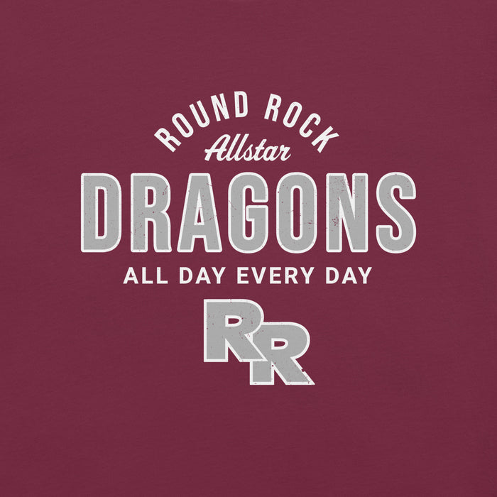 Close-up view of Round Rock High School Dragons Maroon Premium Unisex T-shirt 040