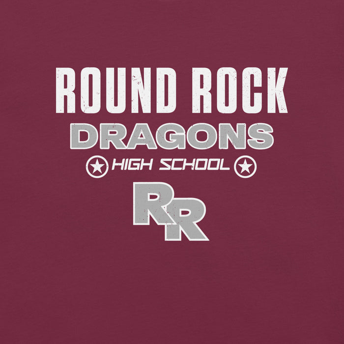 Close-up view of Round Rock High School Dragons Maroon Premium Unisex T-shirt 003