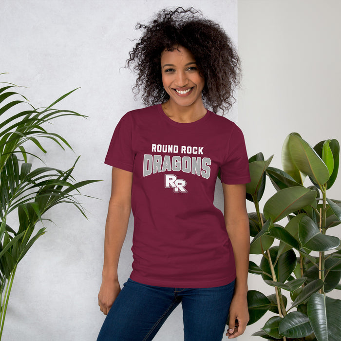 Woman wearing Round Rock High School Dragons Maroon Premium Unisex T-shirt 234