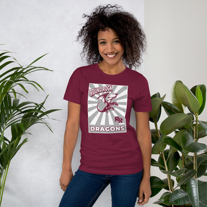 Woman wearing Round Rock High School Dragons Maroon Premium Unisex T-shirt 226