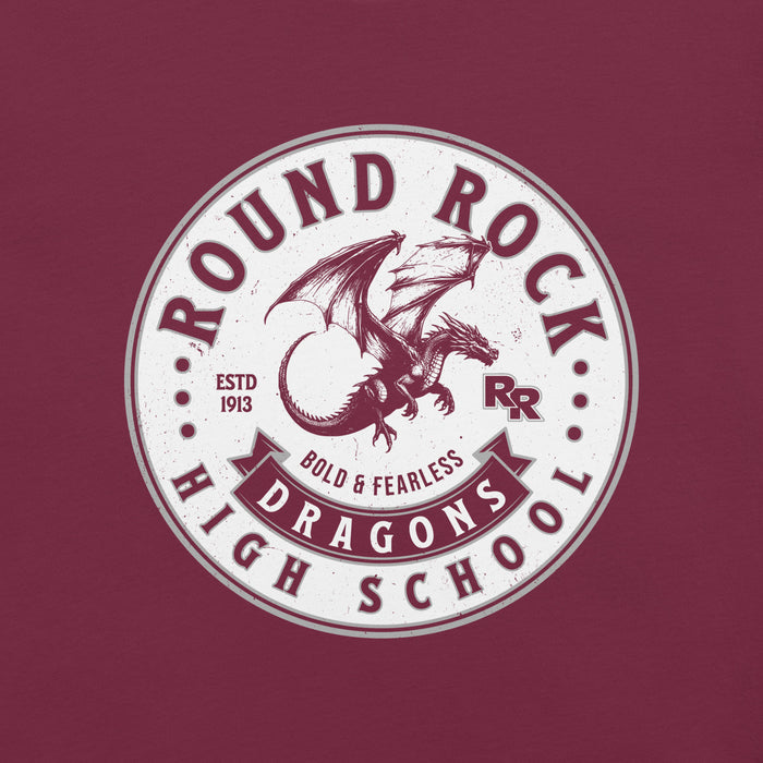 Close-up view of Round Rock High School Dragons Maroon Premium Unisex T-shirt 215