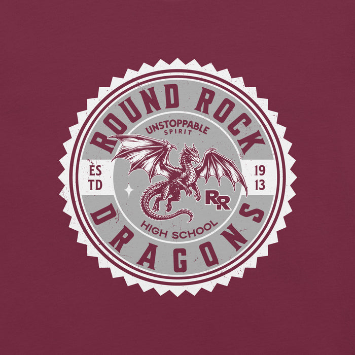 Close-up view of Round Rock High School Dragons Maroon Premium Unisex T-shirt 203