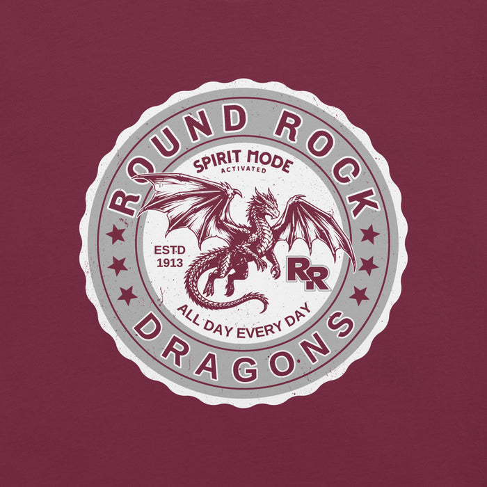 Close-up view of Round Rock High School Dragons Maroon Premium Unisex T-shirt 216