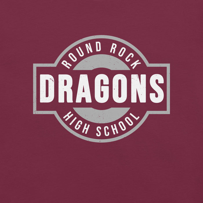 Close-up view of Round Rock High School Dragons Maroon Premium Unisex T-shirt 011