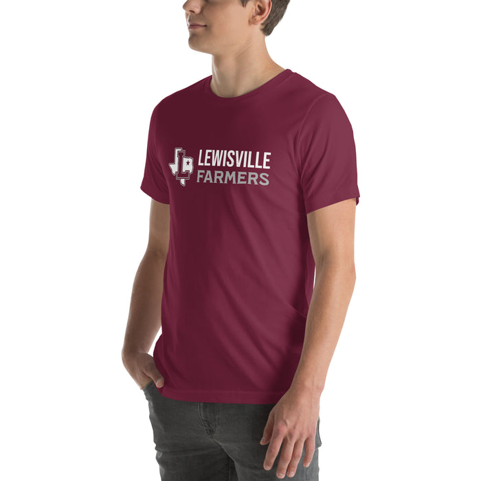Man wearing Lewisville High School Farmers Maroon Premium Unisex T-shirt 200