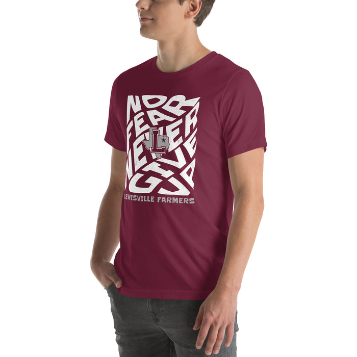 Man wearing Lewisville High School Farmers Maroon Premium Unisex T-shirt 236