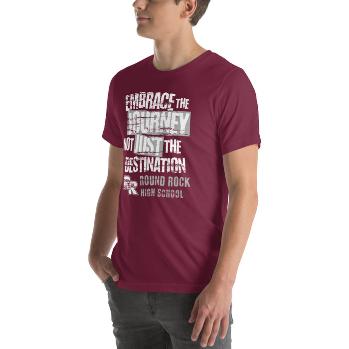 Man wearing Round Rock High School Dragons Maroon Premium Unisex T-shirt 232
