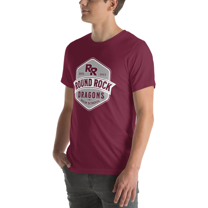 Man wearing Round Rock High School Dragons Maroon Premium Unisex T-shirt 209