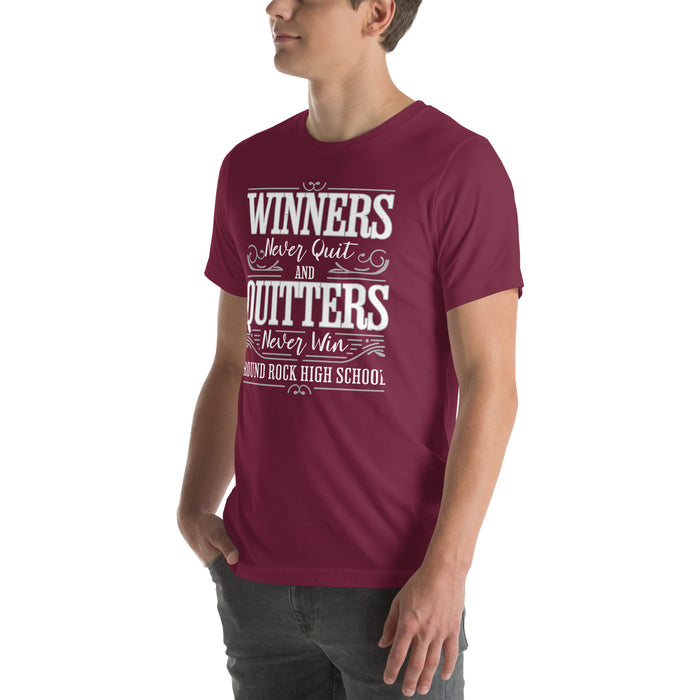 Man wearing Round Rock High School Dragons Maroon Premium Unisex T-shirt 237